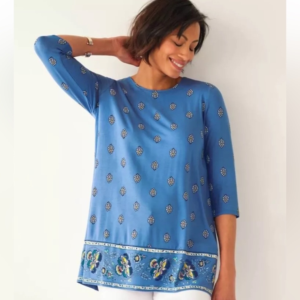 J.Jill Wearever Collection Border Floral Print Tunic Periwinkle Blue Size Small